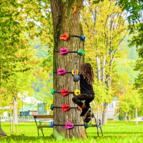 Just.smile Climbing Hold for Kids Outdoor-Ninja Tree Climbing Rocks 15 Pcs with 6 Ratchets-Climbing Grip Kits for Ninja Warrior Obstacle Course