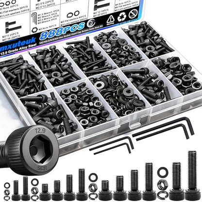 mxuteuk 888PCS Metric Screws Assortment,M4 M3 M2.5 M2 Screws Kit, Suitable for 3D Printing DIY, Grade 12.9 Alloy Steel Hex Socket Head Cap Bolts Nuts and Washers Kit, Black Zinc Plated - size: 888PCS M2 M2.5 M3 M4, style: Hex Socket Head