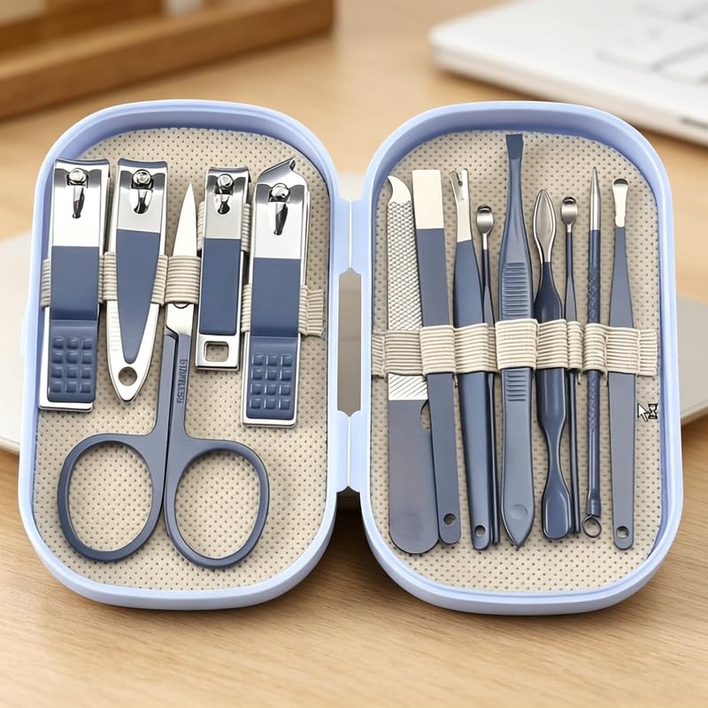Nail Kit Clippers Pedicure Tools for Feet-Professional Travel Nail Kit 14pcs Grooming Kit Portable Case - color: Blue