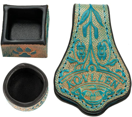 KONLLEN Leather Magnetic Chalk Holder, Pool Cue Accessory | Round or square engraved leather holder keeps billiard chalk secure and easy to reach during pool play. - color: VT Round Holder-Blue