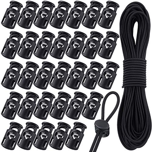 Patelai 50 Pieces Cord Locks Spring Toggles Stoppers Plastic Single Hole End Stopper Slider and 1/8 Inch 66 Feet Elastic Bungee Cord for Drawstring Shoelaces Clothing Bags(Black, Classic Style) - size: Black, style: Classic Style