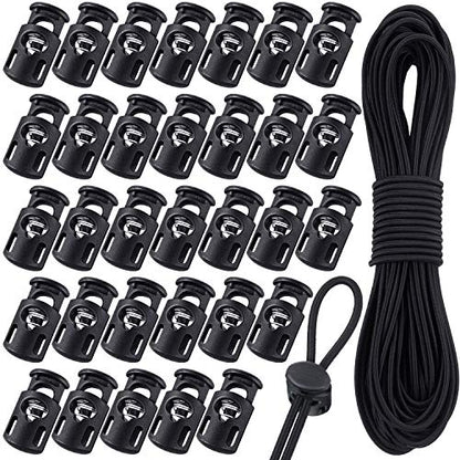 Patelai 50 Pieces Cord Locks Spring Toggles Stoppers Plastic Single Hole End Stopper Slider and 1/8 Inch 66 Feet Elastic Bungee Cord for Drawstring Shoelaces Clothing Bags(Black, Classic Style) - size: Black, style: Classic Style