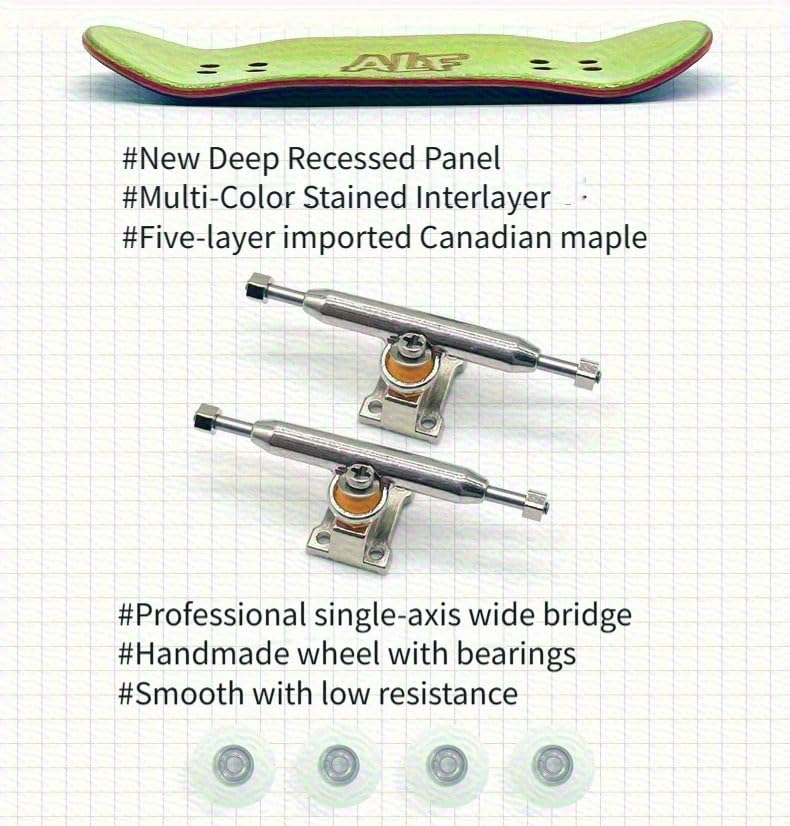 32mm Professional Fingerboard Complete Set, 7 Color Options, 5-Layer Maple Wood Deck with Metal Trucks, Bearing Wheels and Grip Tape (Green) - color: Green