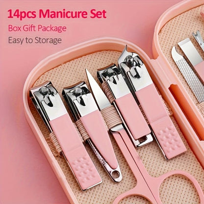 Nail Kit Clippers Pedicure Tools for Feet-Professional Travel Nail Kit 14pcs Grooming Kit Portable Case - color: Pink
