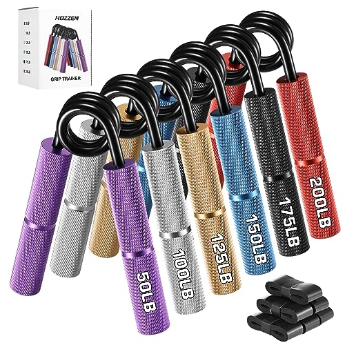 Hozzen Grip Strength Trainer, 6 Pack Grip Strength Trainer Set (50-350LB), No Slip Hand Grip Strengthener, Wrist Forearm Strengthener with Grip Tape for Strength Training, Exercise, Injury Recovery - color: Purple+Silver+Gold+Blue+Black+Red (50-200 LBS)