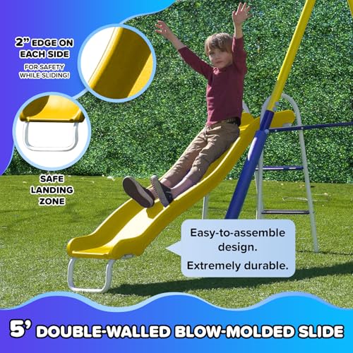 Sportspower Royal Fun Metal Swing Set for Kids Ages 3-8 with 2 Swings, Standing Swing, Glider, Teeter-Totter & 5FT Slide, Anchor Kit, 6.1FT Steel Frame, Outdoor Playground with 800 lbs Weight Capacity