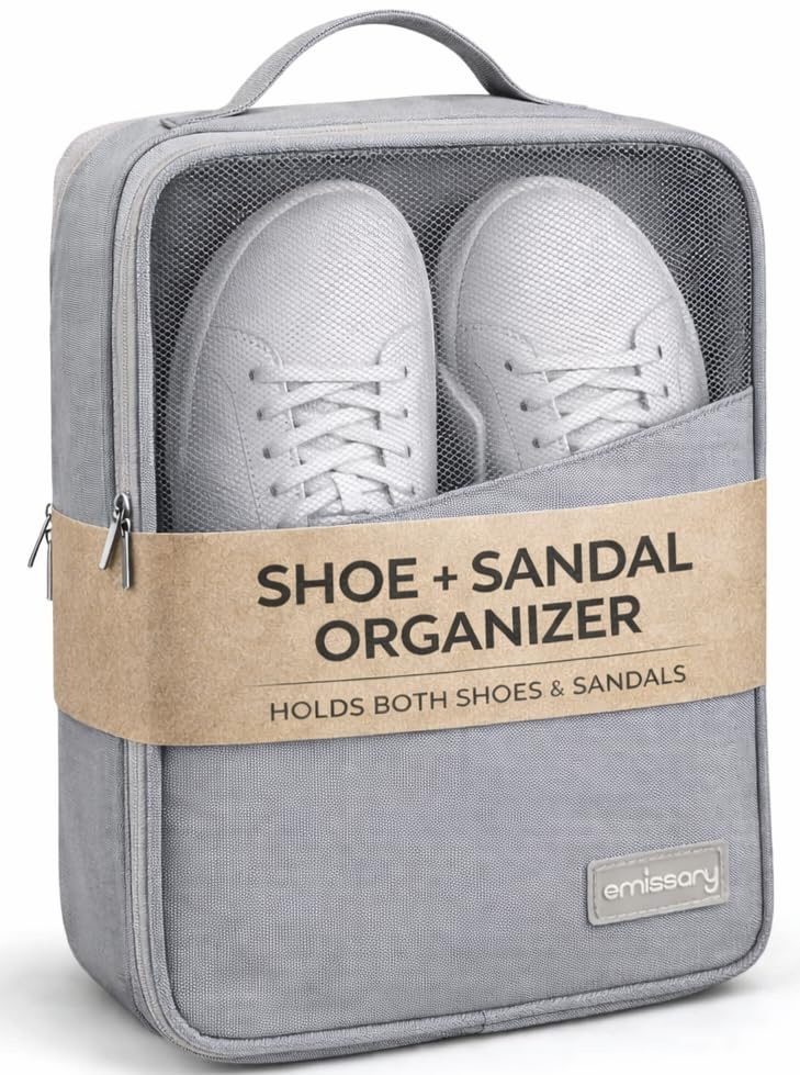 emissary Travel Shoe Bag, Holds 3 Pairs of Shoes, Waterproof - Grey | Holds 3 pairs, waterproof rip-stop, breathable mesh + zip pocket; travel shoe bag for gym, golf & weekends - color: Gray-2, size: Small
