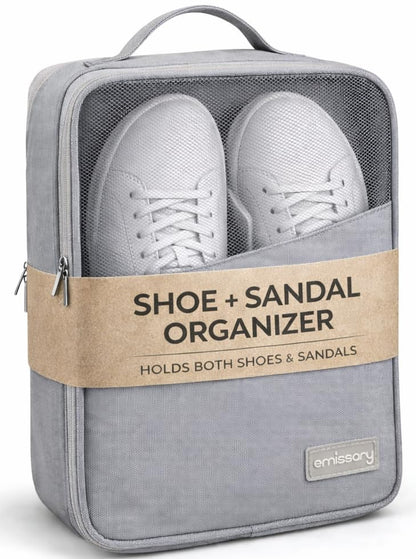emissary Travel Shoe Bag, Holds 3 Pairs of Shoes, Waterproof - Grey | Holds 3 pairs, waterproof rip-stop, breathable mesh + zip pocket; travel shoe bag for gym, golf & weekends - color: Gray-2, size: Small