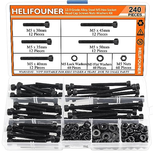 HELIFOUNER 240 Pieces M5 x 30mm /35mm /40mm /45mm /50mm, Hex Socket Head Cap Metric Screws Bolts Washers Nuts Kit, 12.9 Grade Alloy Steel, Fully Threaded, Black - size: M5 x 30/35/40/45/50mm, style: Socket Head