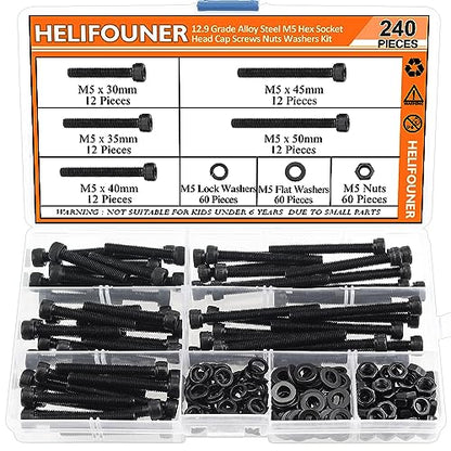 HELIFOUNER 240 Pieces M5 x 30mm /35mm /40mm /45mm /50mm, Hex Socket Head Cap Metric Screws Bolts Washers Nuts Kit, 12.9 Grade Alloy Steel, Fully Threaded, Black - size: M5 x 30/35/40/45/50mm, style: Socket Head