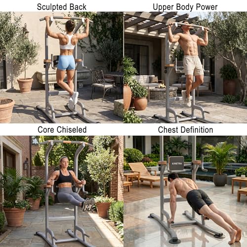 Multi-Function Power Tower Pull Up Bar Station with Pilates Resistance Bands, 450LBS Stable Pull Up Dip Station with Push Up Handles for Home Gym Strength Training Equipment - color: Grey