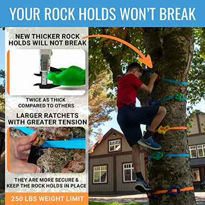 Hyponix Ninja Tree Climbing Kit – 16 Large Rock Holds & 8 Ratchets, 10-Minute Setup, Thicker Textured Grips, Supports 250lbs, CPC Certified Safety, Portable Bag – Backyard Fun & Ideal Gift for Kids - style: Black - Monkey Tree Climbers 2.0