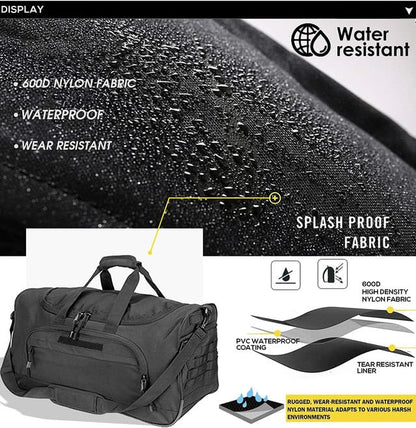 Gym Bag for Women & Men Tactical Duffle Military Weekender Travel Work Out Bags Lightweight Waterproof Sports Tote Shoe Pocket - color: Black