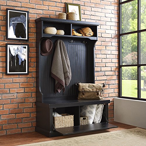 Crosley Furniture Seaside Hall Tree with Shoe Rack Bench and Hooks for Hanging Storage, Distressed Black - color: Distressed Black, style: Hall Tree