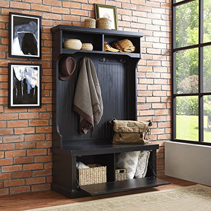 Crosley Furniture Seaside Hall Tree with Shoe Rack Bench and Hooks for Hanging Storage, Distressed Black - color: Distressed Black, style: Hall Tree