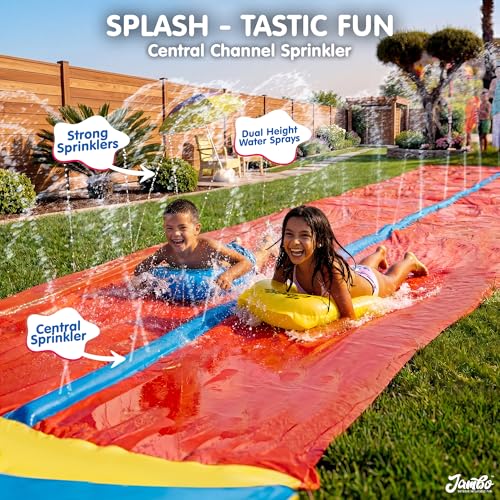 JAMBO 32FT Extra Extra Long Slip Splash and Slide, 2 Bodyboards, Heavy Duty Water Slide with Inflatable Crash Pad, Double Lane Slip Slides, Outdoor Backyard Water Slides n Toys for Kids - color: 32' Multicolor