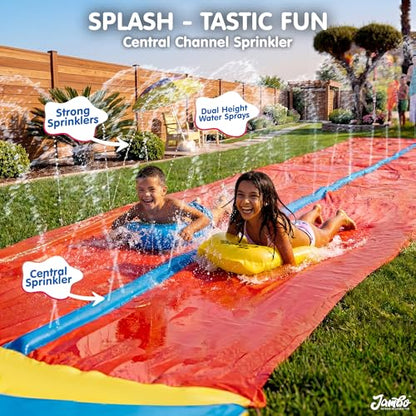 JAMBO 32FT Extra Extra Long Slip Splash and Slide, 2 Bodyboards, Heavy Duty Water Slide with Inflatable Crash Pad, Double Lane Slip Slides, Outdoor Backyard Water Slides n Toys for Kids - color: 32' Multicolor