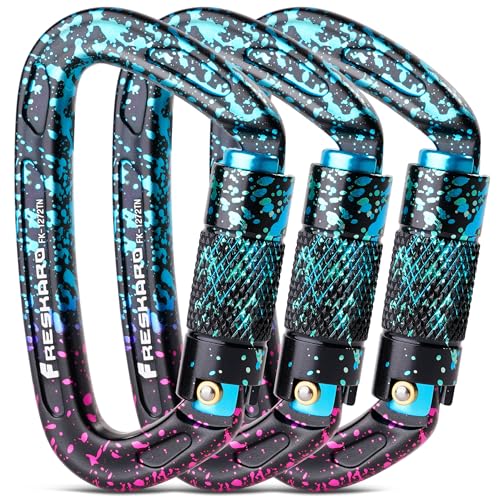 FresKaro UIAA Certified 25KN Auto Locking Climbing Carabiner Clips, Twist Lock, and Heavy Duty Carabiners for Rock Climbing, Rappelling, and Mountaineering, D Shaped - color: 3PCS-SPECKLED
