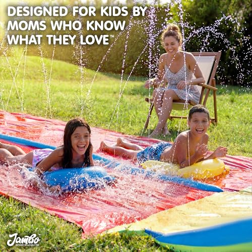 JAMBO 32FT Extra Extra Long Slip Splash and Slide, 2 Bodyboards, Heavy Duty Water Slide with Inflatable Crash Pad, Double Lane Slip Slides, Outdoor Backyard Water Slides n Toys for Kids - color: 32' Multicolor