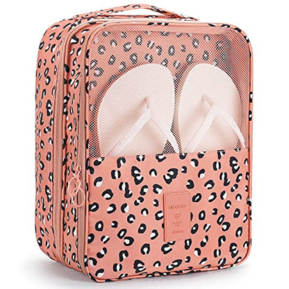 Mossio Shoe Bag Holds 3 Pair of Shoes for Travel and Daily Use Storage Pouch - color: Pink Leopard