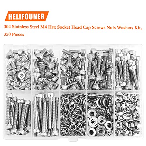 HELIFOUNER 350 Pieces M4 x 6mm /8mm /12mm /16mm /20mm /25mm /30mm, Hex Socket Head Cap Screws Bolts Washers Nuts Kit, 304 Stainless Steel - size: M4, style: Socket Head Screws