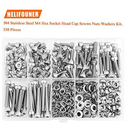 HELIFOUNER 350 Pieces M4 x 6mm /8mm /12mm /16mm /20mm /25mm /30mm, Hex Socket Head Cap Screws Bolts Washers Nuts Kit, 304 Stainless Steel - size: M4, style: Socket Head Screws
