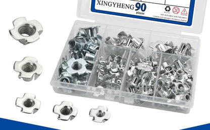 90Pcs M3 M4 M5 M6 M8 T Nuts Four Claw Nuts Assortment Kit Zinc Plated Carbon Steel for Woodworking Cabinetry Furniture Fastener Climbing Holds