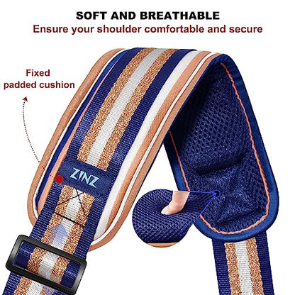ZINZ 75" Shoulder Strap with Fixed Pad and Dual Balanced Buckles，Blue Gold Jacquard - color: Blue Gold Jacquard