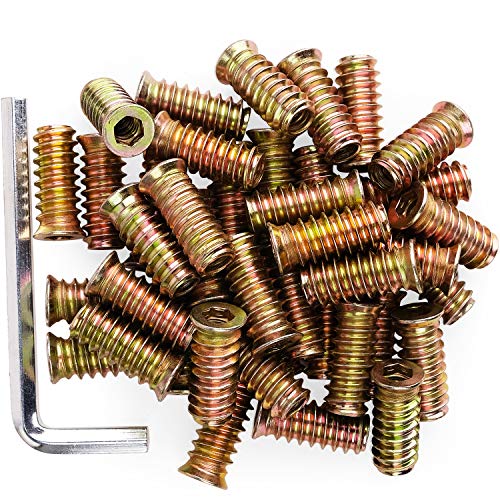 40Pcs Anwenk 1/4"-20 x 25mm Furniture Screw in Nut Threaded Wood Inserts Bolt Fastener Connector Hex Socket Drive for Wood Furniture Assortment (with Hex Spanner) - color: 25mm 40P