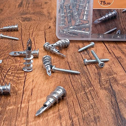 KURUI #8 Zinc Self-Drilling Drywall Anchors, 60PCs Hollow Metal Wall Anchors and Screws Kit, 30 Heavy Duty Anchors + 30#8 x 1-1/4'' Screws, 75LB Hanging and Mounting