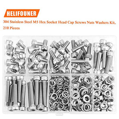 HELIFOUNER 210 Pieces M5 x 6mm /8mm /12mm /16mm /20mm /25mm /30mm, Hex Socket Head Cap Screws Bolts Washers Nuts Kit, 304 Stainless Steel (Hex Wrench is Not Included) - size: M5, style: Socket Head Screws