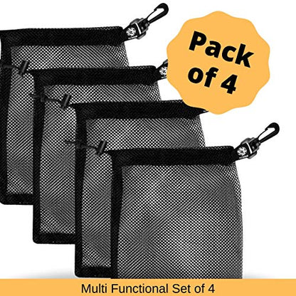 PALTERWEAR Small Mesh Bag with Clip and Toggle Closure (Set of 4, Black, 7 x 9 Inch) for Watersports Trekking Sailing - size: 7 x 9 inch