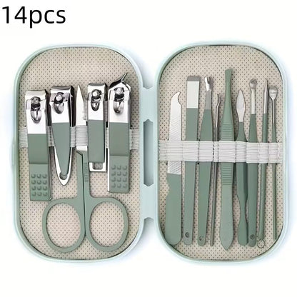 14pcs Stainless Steel Manicure and Pedicure Tool Set with Portable Storage Case, Modern-Style Curved Nail Clippers and Grooming Tools, Nail Care Kit Suitable for Men and Women, Green