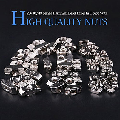 Glarks 150Pcs European M3 M4 M5 M6 Hammer Head Drop in T Nut Slot Assortment Kit for 20/30/40 Series Aluminum Profile - Nickel Plated Carbon Steel - size: Small