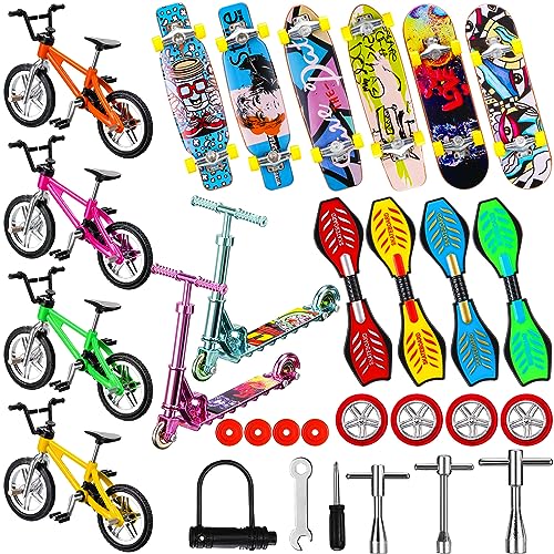 Skylety 31 Pieces Mini Finger Toys Set for Boy Girl Includes 6 Finger Skateboards, 4 Bikes, 2 Mini Scooters 4 Swing Board 8 Matched Wheels 7 Tool Accessories Educational Toy Party Favor(Fun) - style: Fun