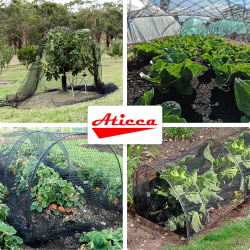 ATICCA Heavy Duty Bird Netting for Garden Protection & Fruit Trees, 7.5x100 Ft with 10 Stakes – Black Anti-Bird Net for Poultry, Deer, & Squirrel Protection, Durable Mesh for Garden and Yard Use - size: 7.5x100 Bird Netting