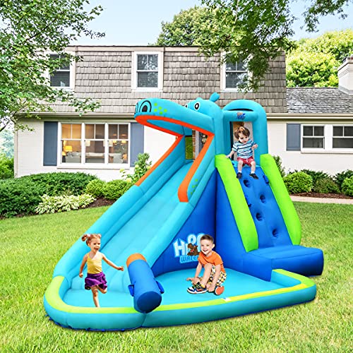 OLAKIDS Inflatable Water Slide, Hippo Themed Bounce House Water Park with Slide Splash Pool Climbing Wall Water Gun, Outdoor Inflatable Obstacle Course Jumping Castle for Kids Backyard with Blower - style: with 680W Blower