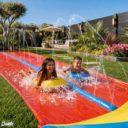 JAMBO 32FT Extra Extra Long Slip Splash and Slide, 2 Bodyboards, Heavy Duty Water Slide with Inflatable Crash Pad, Double Lane Slip Slides, Outdoor Backyard Water Slides n Toys for Kids - color: 32' Multicolor