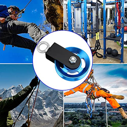 2 Pack 3.5 Inch Cable Pulley Wheel, Aluminum Cable Pulleys with Hanging Strap and Snap Hook, 360° Rotation Snatch Block Pulley Wheel for Home Gym Equipment, DIY, Blue