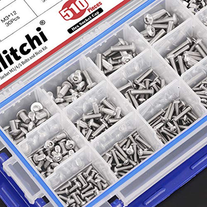 Hilitchi 510pcs M3 M4 M5 Stainless Steel Button Head Hex Socket Head Cap Bolts Screws Nuts Assortment Kit - 304 Stainless Steel (Button Head) - style: Button Head