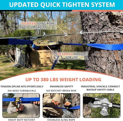 Zip Line Kit for Kids Adults : 100FT Up to 380Lbs - Quick Tighten Zipline for Backyard Outdoor with 100% Rust Proof Removable Trolley Seat Spring Brake - size: 100ft