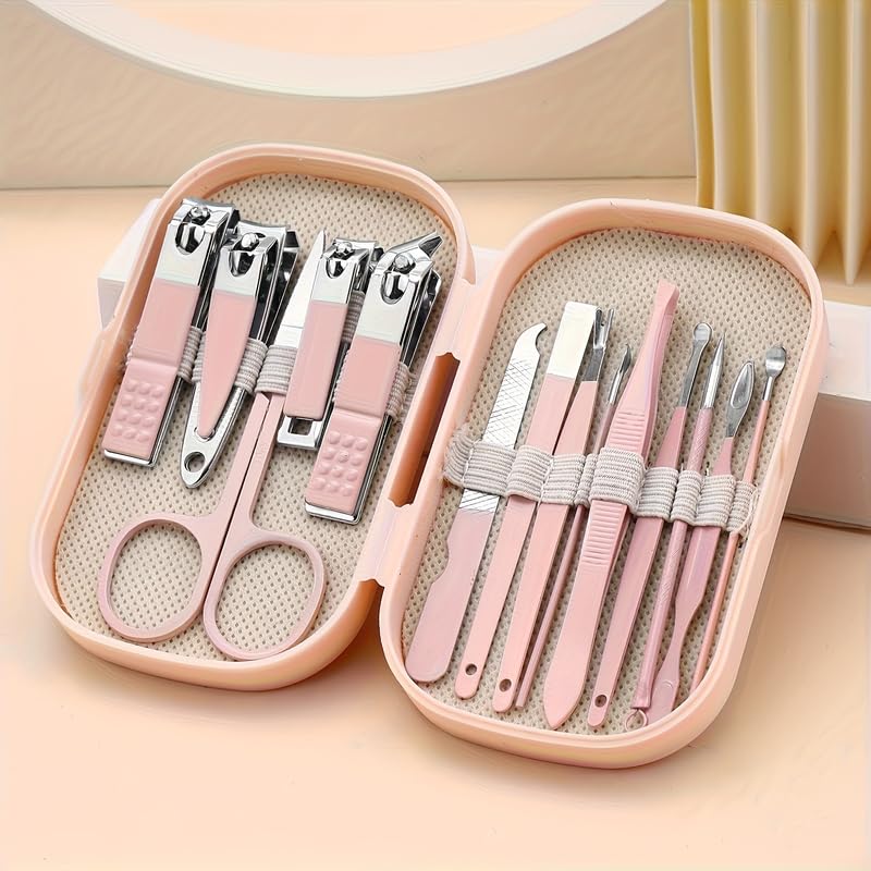 Nail Kit Clippers Pedicure Tools for Feet-Professional Travel Nail Kit 14pcs Grooming Kit Portable Case - color: Pink