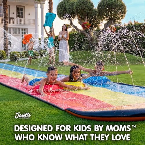 JAMBO Premium Triple Water Slide with 3 Bodyboards, 20Ft Heavy Duty Slip Splash and Slides-Advanced 3-Way Sprinkler System, Splash Pad Mat Backyard Summer Outdoor Water Toys n Long Slides for Kids - color: 20' Multicolor