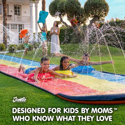 JAMBO Premium Triple Water Slide and 3 Bodyboards, 16Ft Heavy Duty Slip Splash and Slides-Advanced 3-Way Sprinkler System, Splash Pad Mat Backyard Summer Outdoor Water Toys n Long Slides for Kids - color: 16' Multicolor