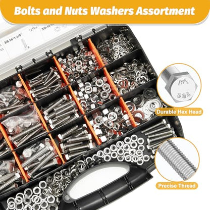 Kadrick 744Pcs 18-8(304) Stainless Steel Hex Bolts Assortment,1/4-20 5/16-18 3/8-16 Heavy Duty Bolts and Nuts Kit, Assorted SAE Bolts Nuts Flat&Lock Washers,Lenth Form 1/2''-2'' - size: 744Pcs SAE HEX Stainless