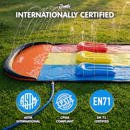 JAMBO 25Ft Premium XXL Slip Splash and Slide with 3 Bodyboards, Heavy Duty Water Slide- Advanced 3-Way Sprinkler System, Splash Mat Splash Pad Backyard Waterslide Outdoor Water Toys n Slides for Kids - color: Triple Lane