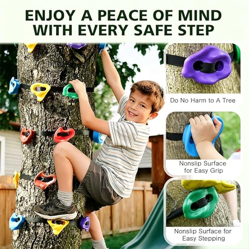 Tree Climbing Holds with Ratchet Straps, 12 Pcs Climbing Rocks for Kids and Adults, Outdoor Backyard Obstacle Course Training Kit
