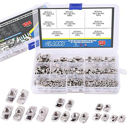 Glarks 150Pcs European M3 M4 M5 M6 Hammer Head Drop in T Nut Slot Assortment Kit for 20/30/40 Series Aluminum Profile - Nickel Plated Carbon Steel - size: Small