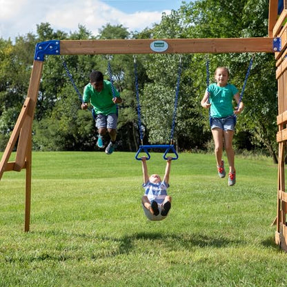 Backyard Discovery Beach Front Cedar Wood Swing Set with Wave Slide, Play Deck, Monkey Bars, Rock Wall Ladder, Shaded Picnic Area, Snack Bar, Belt Swings, Trapeze, Sandbox Area, Outdoor Playset - color: Multicolor
