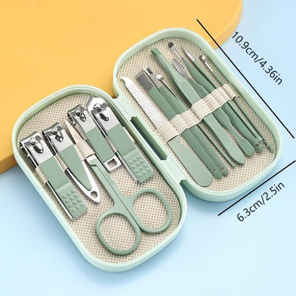 14pcs Stainless Steel Manicure and Pedicure Tool Set with Portable Storage Case, Modern-Style Curved Nail Clippers and Grooming Tools, Nail Care Kit Suitable for Men and Women, Green